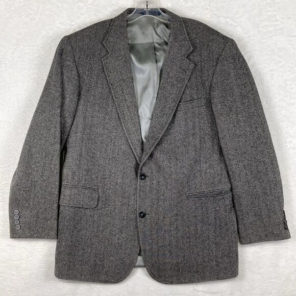 VTG Lands End Men 43L Gray Herringbone Tweed Lamb Wool Blazer Preppy College USA - Picture 1 of 11